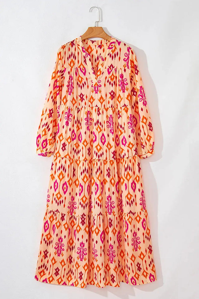 Tiered Printed Notched Long Sleeve Midi Dress Trendsi Hanalas