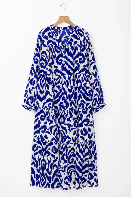 Tiered Printed Notched Long Sleeve Midi Dress Trendsi Hanalas