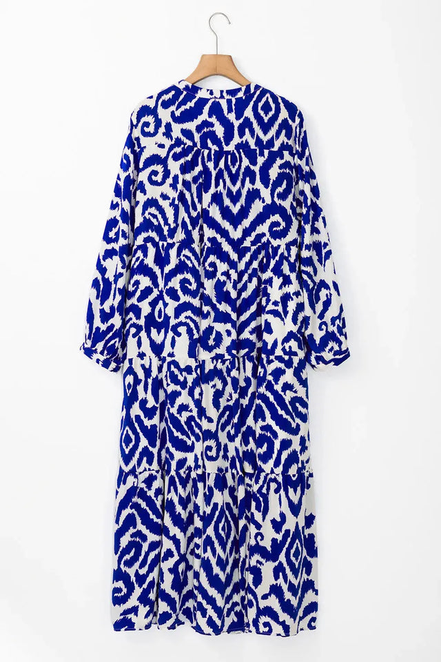 Tiered Printed Notched Long Sleeve Midi Dress Trendsi Hanalas