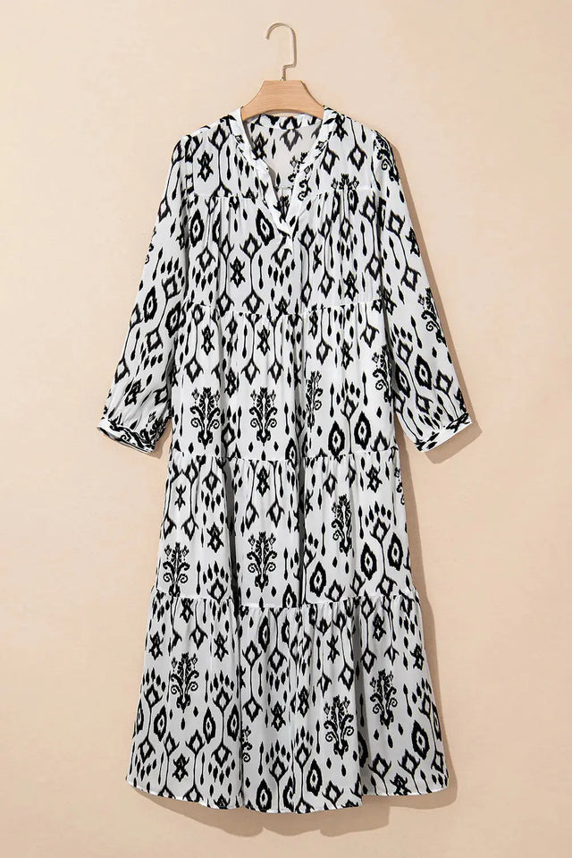 Tiered Printed Notched Long Sleeve Midi Dress Trendsi Hanalas