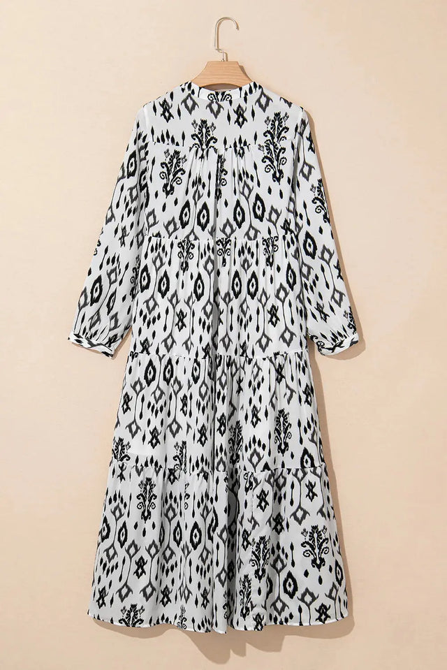 Tiered Printed Notched Long Sleeve Midi Dress Trendsi Hanalas