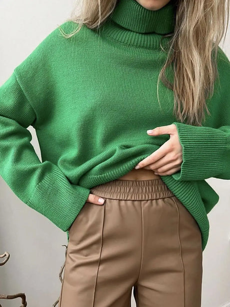 Turtleneck Drop Shoulder Long Sleeve Sweater | Hanalas