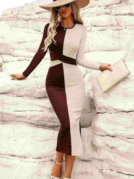 Two Tone Slit Round Neck Long Sleeve Midi Dress | Hanalas