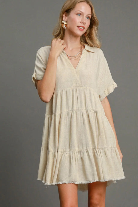 Umgee Full Size Raw Hem Folded Sleeve Tiered Dress Plus Size | Hanalas