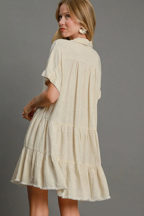 Umgee Full Size Raw Hem Folded Sleeve Tiered Dress Plus Size | Hanalas