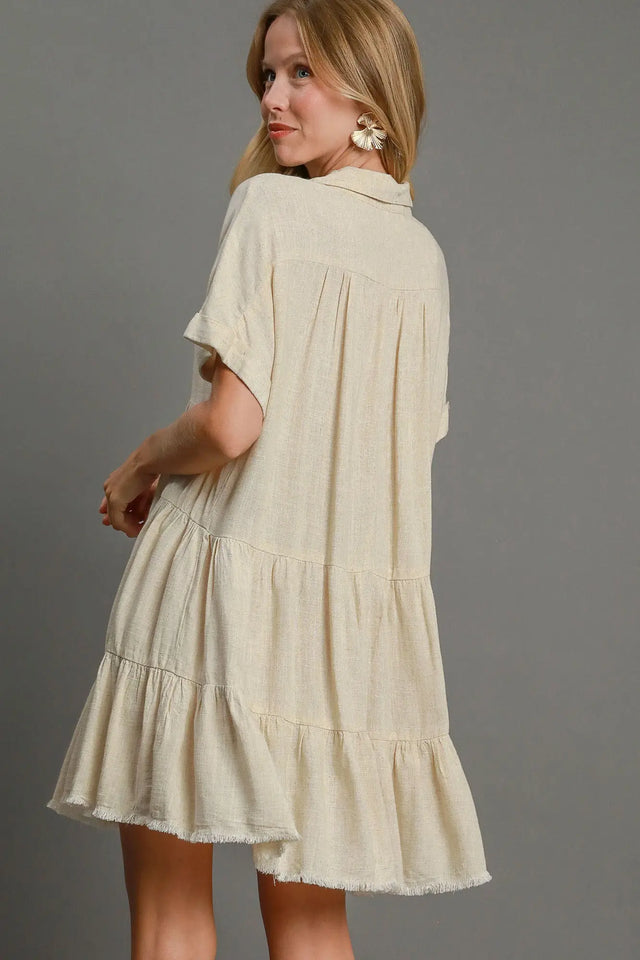 Umgee Full Size Raw Hem Folded Sleeve Tiered Dress Plus Size | Hanalas