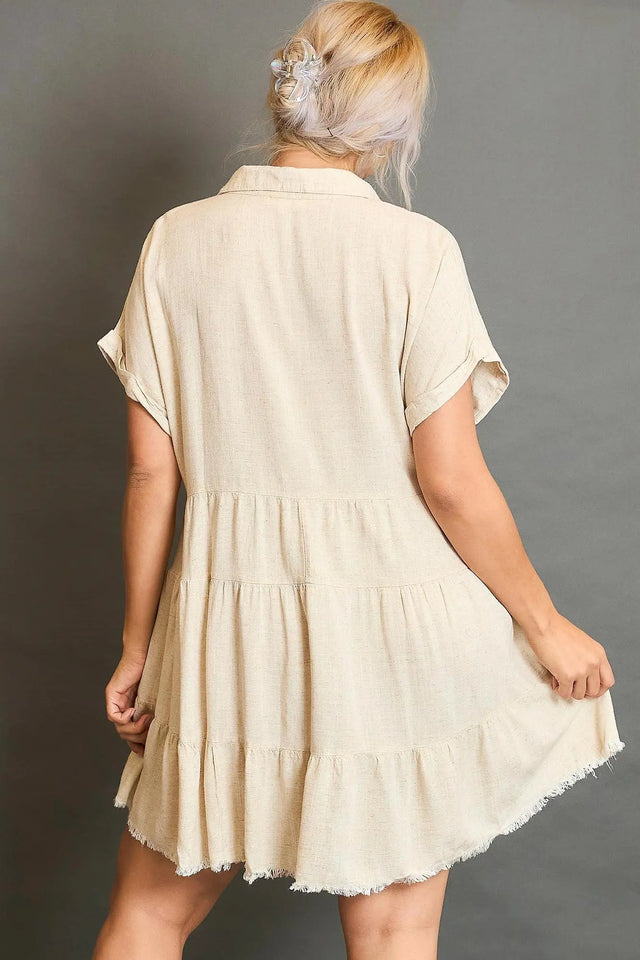Umgee Full Size Raw Hem Folded Sleeve Tiered Dress Plus Size | Hanalas