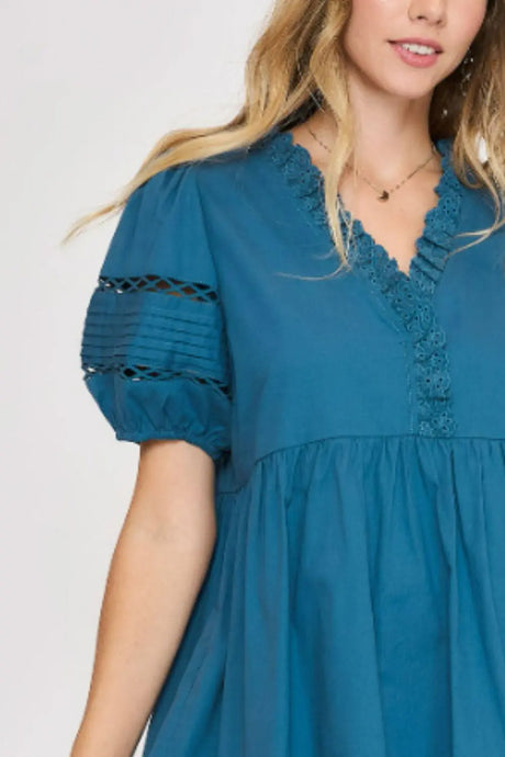 Umgee USA Full Size Lace Detail Puff Sleeve Mini Dress Plus Size | Hanalas