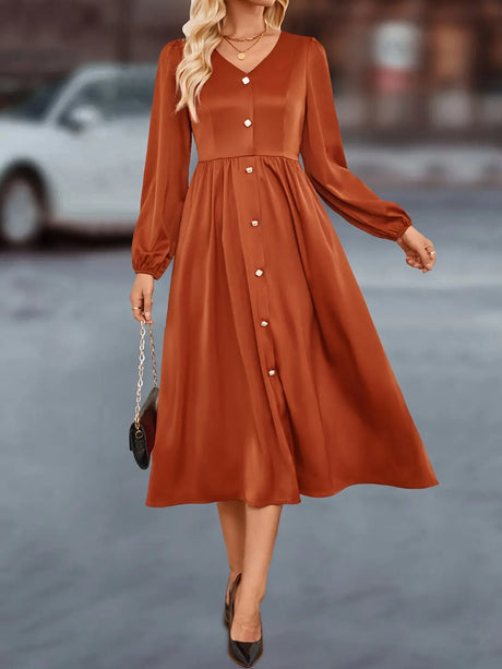 V-Neck Balloon Sleeve Midi Dress | Hanalas