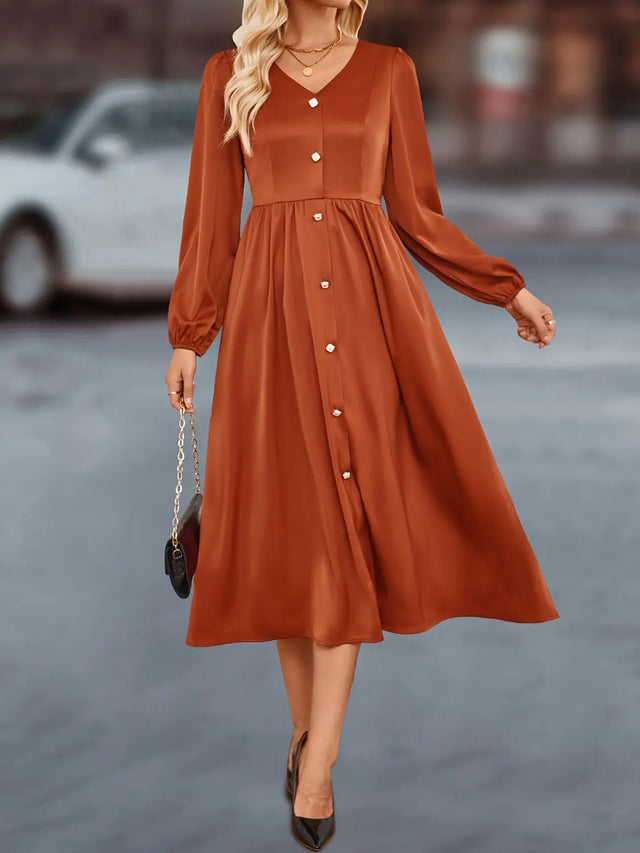 V-Neck Balloon Sleeve Midi Dress | Hanalas
