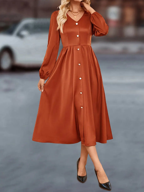V-Neck Balloon Sleeve Midi Dress | Hanalas