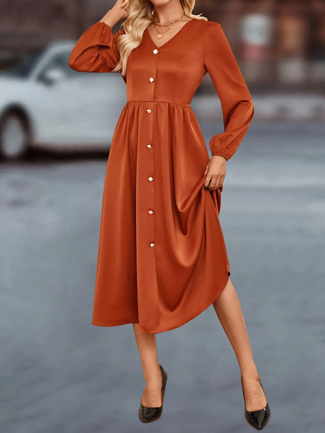 V-Neck Balloon Sleeve Midi Dress | Hanalas