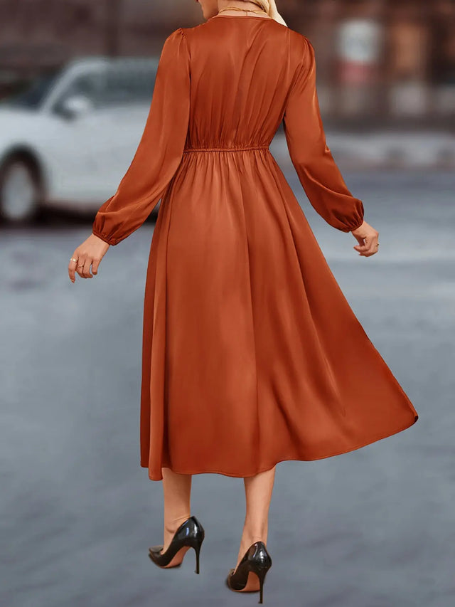 V-Neck Balloon Sleeve Midi Dress | Hanalas