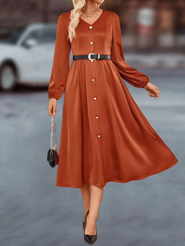 V-Neck Balloon Sleeve Midi Dress | Hanalas