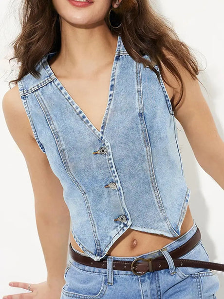 V-Neck Button Up Denim Vest | Hanalas