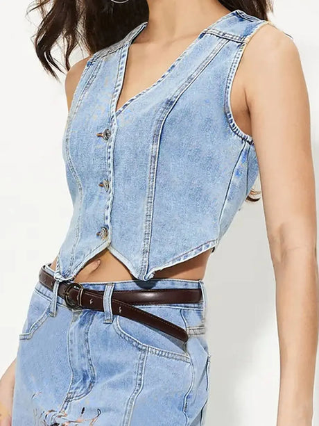 V-Neck Button Up Denim Vest | Hanalas