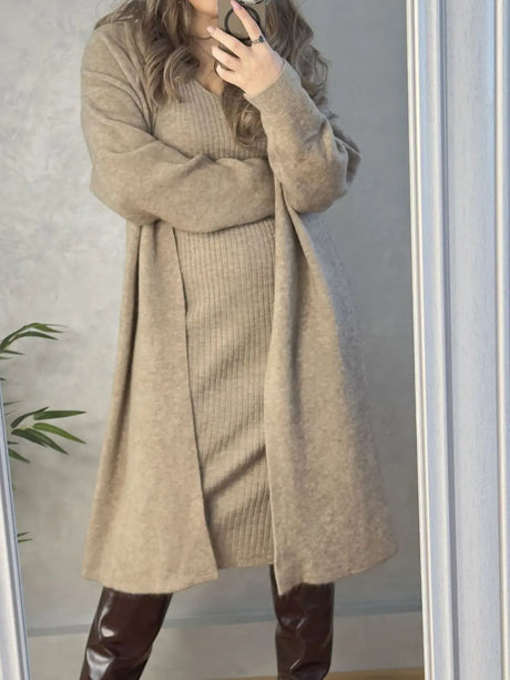 V-Neck Cami Dress and Open Front Cardigan Sweater Set | Hanalas
