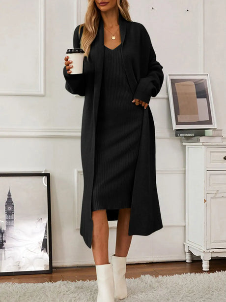 V-Neck Cami Dress and Open Front Cardigan Sweater Set | Hanalas
