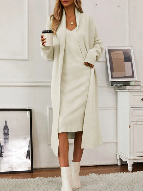 V-Neck Cami Dress and Open Front Cardigan Sweater Set | Hanalas