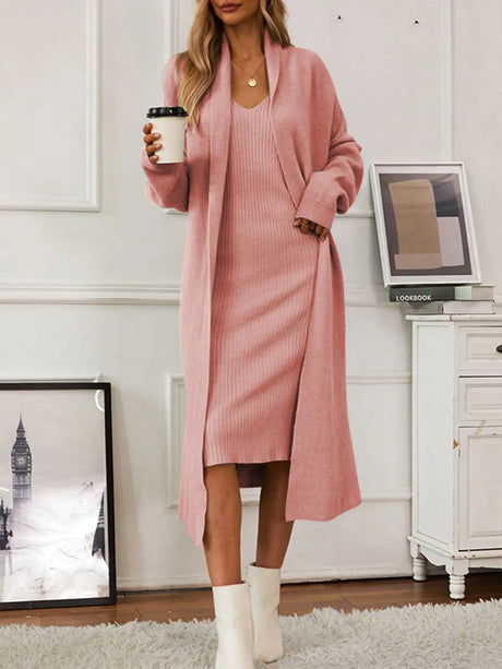 V-Neck Cami Dress and Open Front Cardigan Sweater Set | Hanalas