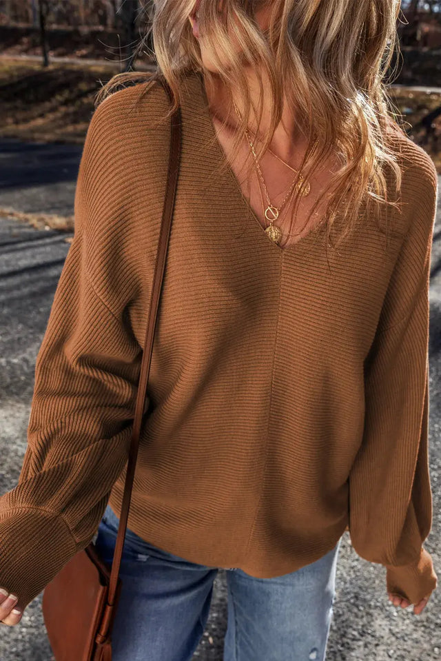 V-Neck Dropped Shoulder Long Sleeve Sweater Trendsi Hanalas