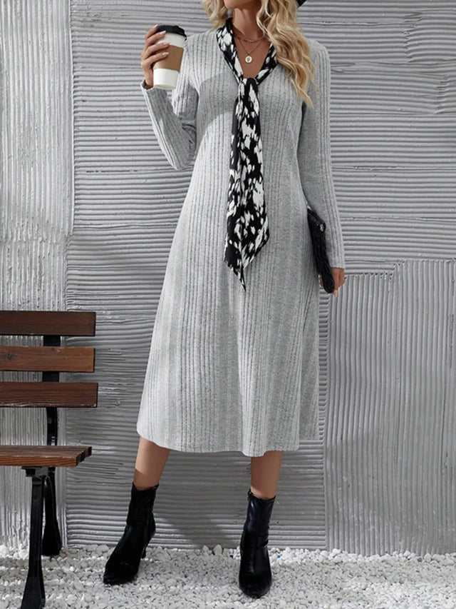 V-Neck Long Sleeve Midi Dress Trendsi Hanalas