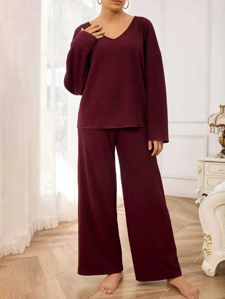 V-Neck Long Sleeve Top and Wide Leg Pants Set | Hanalas