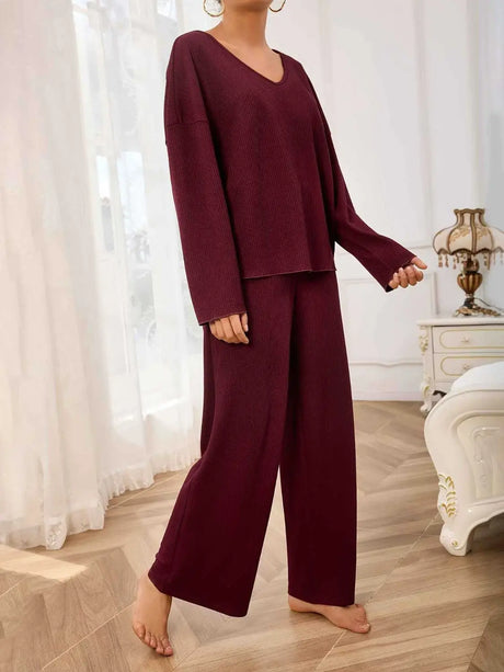 V-Neck Long Sleeve Top and Wide Leg Pants Set | Hanalas