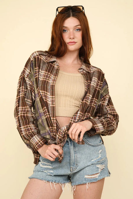 VERY J Contrast Plaid Raw Detail Shirt Trendsi Hanalas