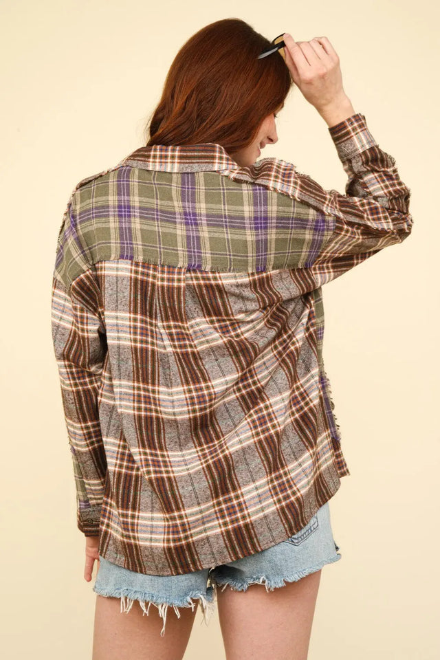 VERY J Contrast Plaid Raw Detail Shirt Trendsi Hanalas