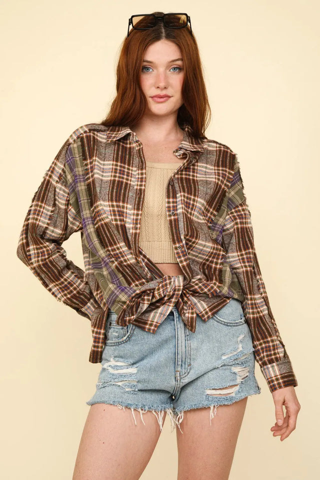 VERY J Contrast Plaid Raw Detail Shirt Trendsi Hanalas