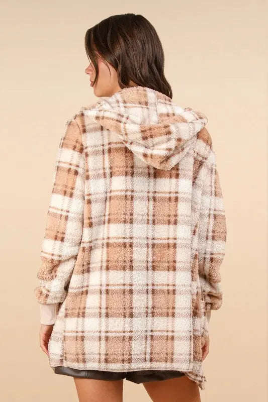 VERY J Fuzzy Plaid Long Sleeve Hooded Jacket | Hanalas