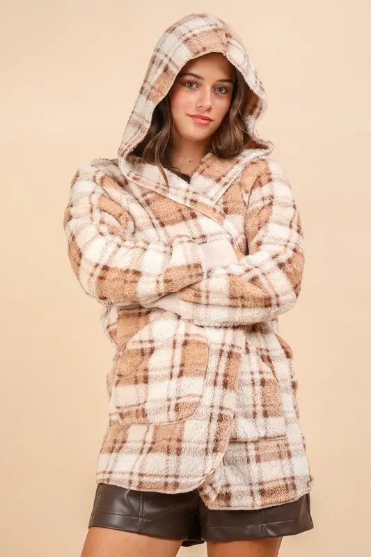 VERY J Fuzzy Plaid Long Sleeve Hooded Jacket | Hanalas