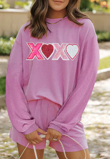 Valentine’s Day XOXO Heart Sequin Corded Long Sleeve Top and Shorts Set | Hanalas