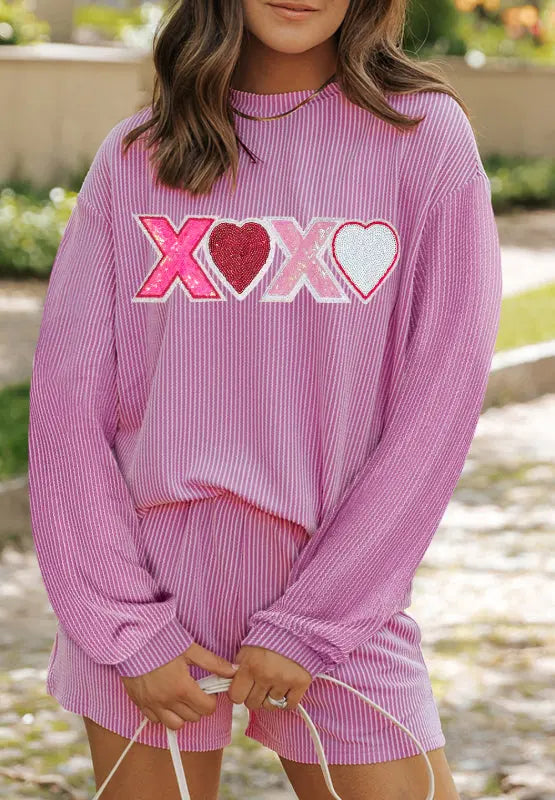 Valentine’s Day XOXO Heart Sequin Corded Long Sleeve Top and Shorts Set | Hanalas