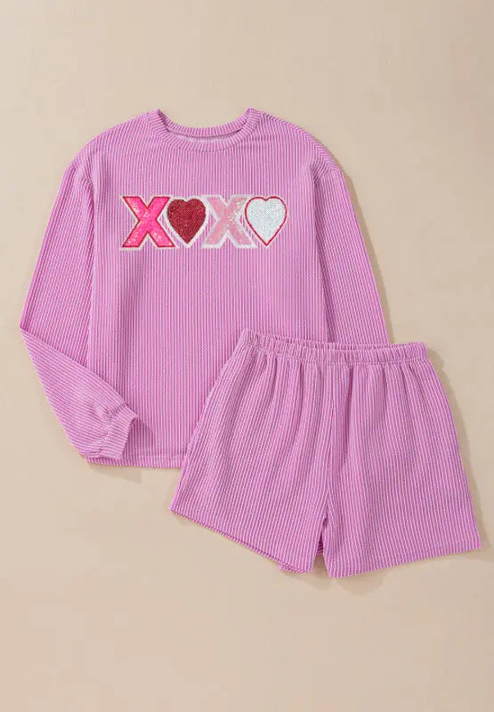 Valentine’s Day XOXO Heart Sequin Corded Long Sleeve Top and Shorts Set | Hanalas