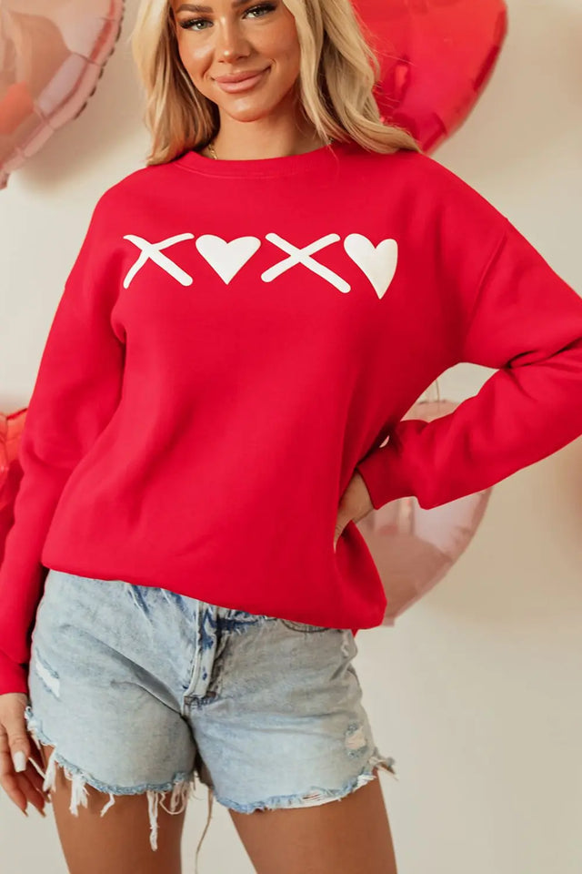 Valentine’s Day XOXO Round Neck Drop Shoulder Sweatshirt | Hanalas