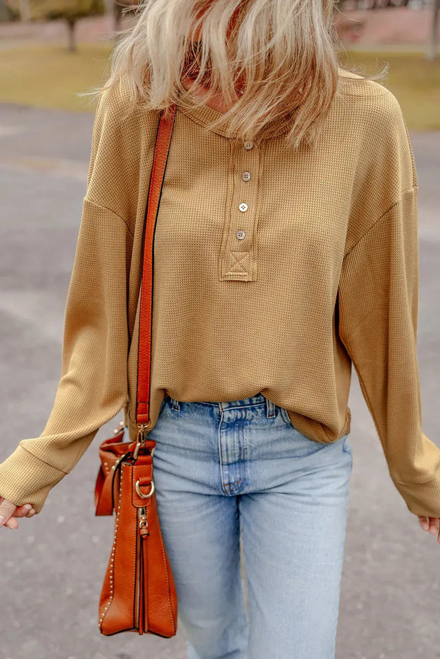 Waffle-Knit Half Button Round Neck Long Sleeve Top Trendsi Hanalas