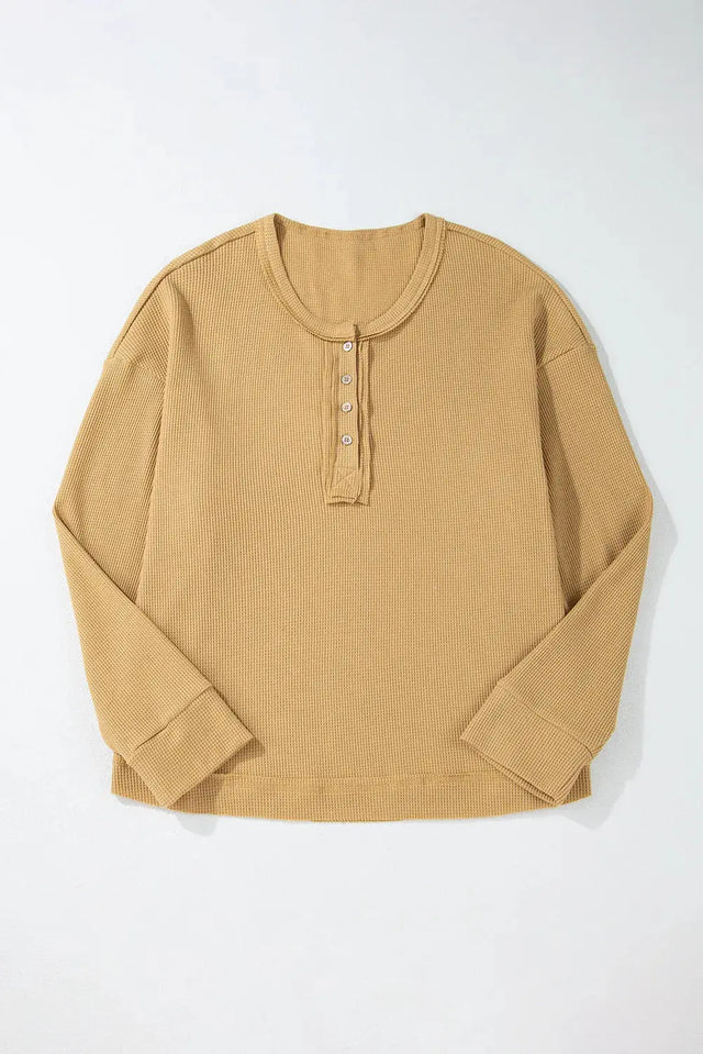 Waffle-Knit Half Button Round Neck Long Sleeve Top Trendsi Hanalas