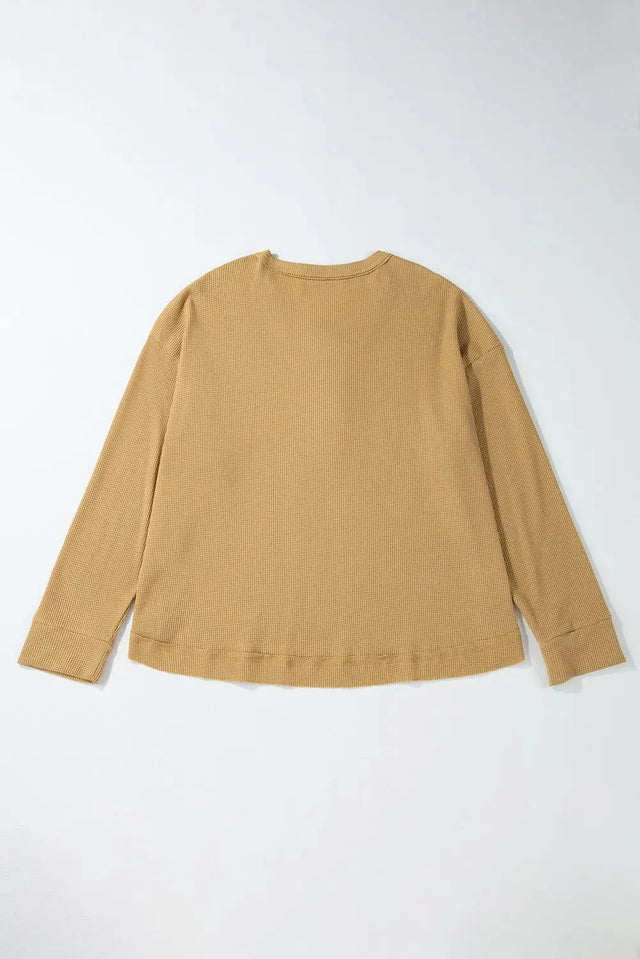 Waffle-Knit Half Button Round Neck Long Sleeve Top Trendsi Hanalas