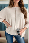 Waffle-Knit Slit Round Neck Long Sleeve Top Trendsi Hanalas