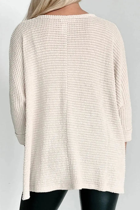 Waffle-Knit Slit Round Neck Long Sleeve Top Trendsi Hanalas