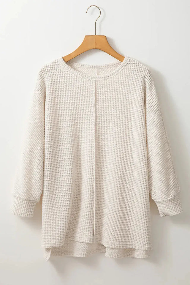 Waffle-Knit Slit Round Neck Long Sleeve Top Trendsi Hanalas