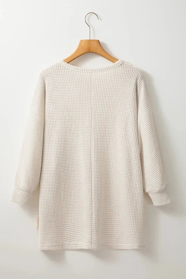 Waffle-Knit Slit Round Neck Long Sleeve Top Trendsi Hanalas