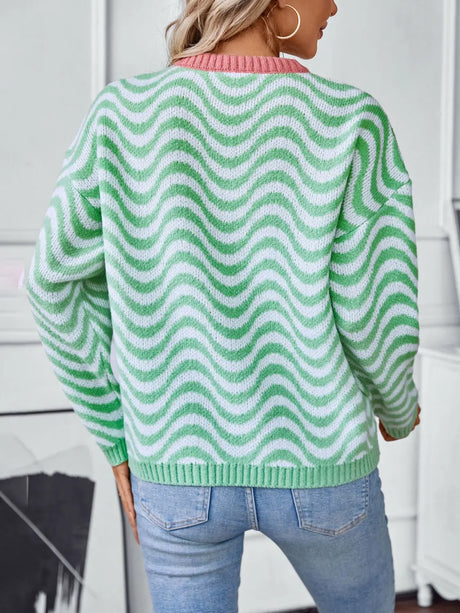 Wavy Stripes Round Neck Long Sleeve Sweater Trendsi Hanalas