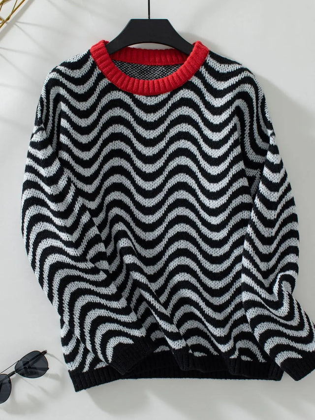 Wavy Stripes Round Neck Long Sleeve Sweater Trendsi Hanalas