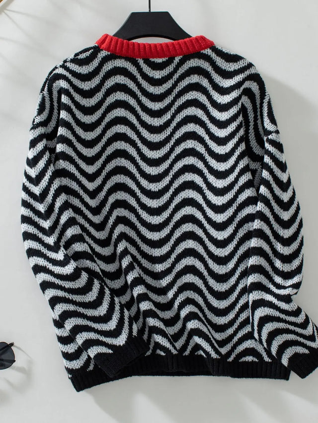 Wavy Stripes Round Neck Long Sleeve Sweater Trendsi Hanalas