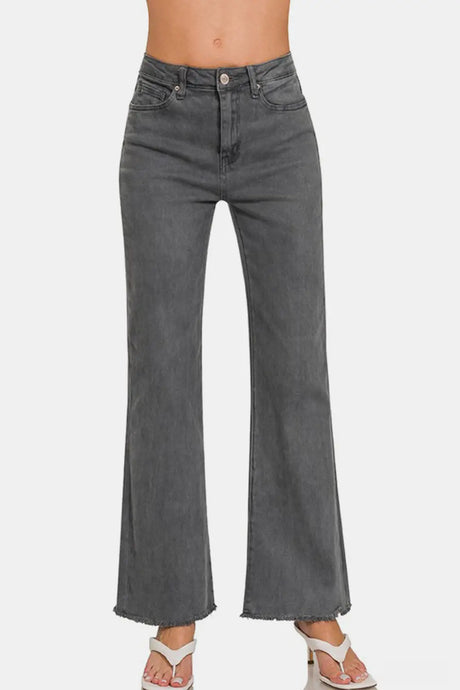 Zenana Acid Washed Frayed Hem Bootcut Jeans | Hanalas