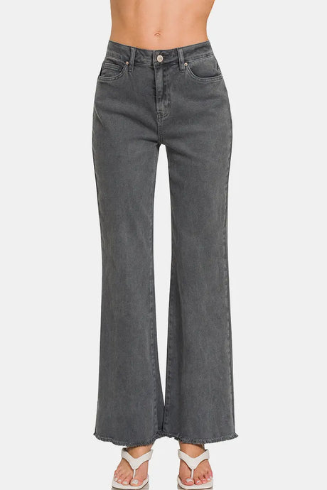 Zenana Acid Washed Frayed Hem Bootcut Jeans | Hanalas