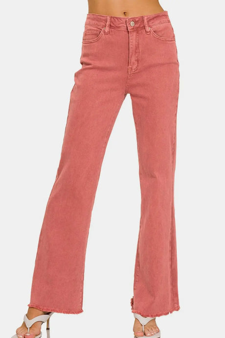 Zenana Acid Washed Frayed Hem Bootcut Jeans | Hanalas